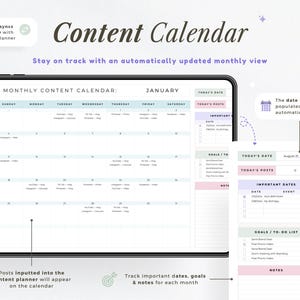 May include: A digital content calendar displayed on a tablet. The calendar shows a monthly view with sections for daily posts, important dates, goals, and notes. The design is in pastel colors with text that reads "Content Calendar."