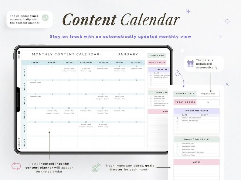 May include: A digital content calendar displayed on a tablet. The calendar shows a monthly view with sections for daily posts, important dates, goals, and notes. The design is in pastel colors with text that reads "Content Calendar."
