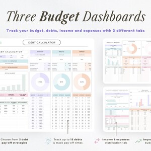Pu&ograve; includere: Dashboard del budget digitale con tre schede per il monitoraggio delle finanze. L'immagine mostra un calcolatore del debito, la distribuzione di entrate e uscite e una scheda di miglioramento del budget. Il testo include "Three Budget Dashboards" e "Track your budget, debts, income and expenses with 3 different tabs."