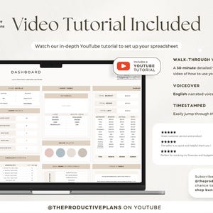 May include: A digital event planning dashboard displayed on a laptop screen, featuring sections for event details, guest lists, budget tracking, and color palettes. The interface includes text labels, a checklist, and a 30-minute YouTube tutorial link.