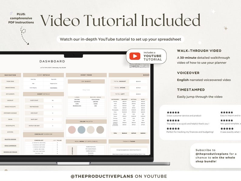 May include: A digital event planning dashboard displayed on a laptop screen, featuring sections for event details, guest lists, budget tracking, and color palettes. The interface includes text labels, a checklist, and a 30-minute YouTube tutorial link.