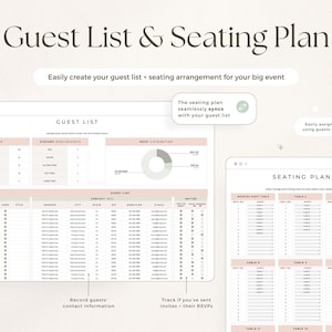 Puede incluir: Una plantilla digital de lista de invitados y plan de asientos con un panel de resumen, requisitos diet&eacute;ticos y gr&aacute;ficos de RSVP. La interfaz incluye columnas de contacto y un dise&ntilde;o de plan de asientos para hasta 20 mesas.