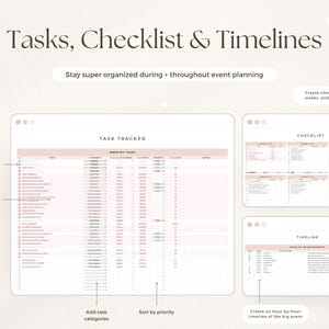 Puede incluir: Una plantilla digital de planificaci&oacute;n de eventos con seguimiento de tareas, lista de verificaci&oacute;n y cronograma. La interfaz incluye columnas para tareas, categor&iacute;as, fechas y prioridades, con etiquetas como Tasks, Checklist & Timelines.
