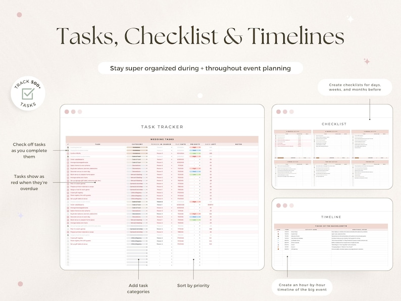 Puede incluir: Una plantilla digital de planificaci&oacute;n de eventos con seguimiento de tareas, lista de verificaci&oacute;n y cronograma. La interfaz incluye columnas para tareas, categor&iacute;as, fechas y prioridades, con etiquetas como Tasks, Checklist & Timelines.