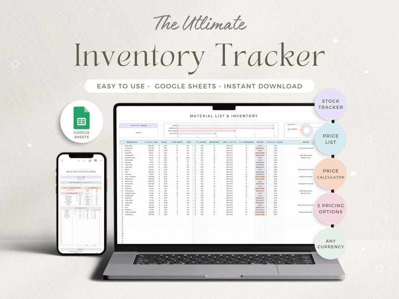 May include: A laptop computer displaying a Google Sheet spreadsheet with the title "Material List & Inventory". The spreadsheet is a template for tracking inventory and includes columns for item name, quantity, price, and other relevant information. The laptop is on a white surface with a white background. The image also includes a green icon for Google Sheets, a phone displaying a spreadsheet, and several colourful circles with text describing the features of the spreadsheet.