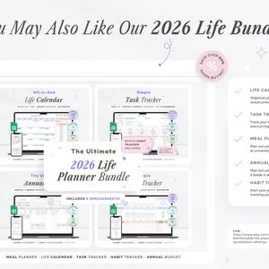 K&ouml;nnte beinhalten: Ein digitales Planer-Bundle f&uuml;r 2026 mit Lebenskalender, Aufgabenverfolgung, Essensplaner, Jahresbudget und Gewohnheitstracker. Das Bundle enth&auml;lt Tabellenkalkulationen und soll das Leben organisieren. Das Bild zeigt einen hellen Hintergrund mit dem Text "You May Also Like Our 2026 Life Bundle!"