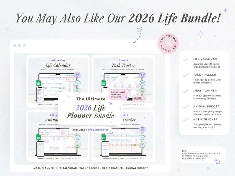 K&ouml;nnte beinhalten: Ein digitales Planer-Bundle f&uuml;r 2026 mit Lebenskalender, Aufgabenverfolgung, Essensplaner, Jahresbudget und Gewohnheitstracker. Das Bundle enth&auml;lt Tabellenkalkulationen und soll das Leben organisieren. Das Bild zeigt einen hellen Hintergrund mit dem Text "You May Also Like Our 2026 Life Bundle!"