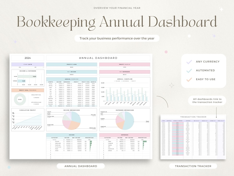 May include: A digital bookkeeping annual dashboard with charts and graphs. The dashboard includes sections for income, expenses, and profit goals. Text on the image includes "Bookkeeping Annual Dashboard" and "Track your business performance over the year."