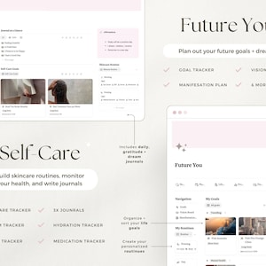 May include: Digital self-care planner with a light pink and white design. Features include skincare, dream, and mood trackers, plus goal setting and vision board options. Includes the text "Self-Care" and "Future You".