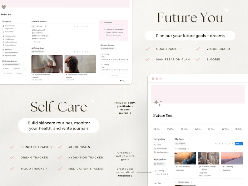 May include: Digital self-care planner with a light pink and white design. Features include skincare, dream, and mood trackers, plus goal setting and vision board options. Includes the text "Self-Care" and "Future You".
