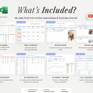 Planificador de recetas en Google Sheets y Excel, planificador de preparación de comidas, menú semanal, lista de la compra, libro de recetas digital, registro de recetas, organizador de alimentos imagen 2