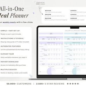 Puede incluir: Un planificador de comidas digital todo en uno en la pantalla de una computadora port&aacute;til, con un rastreador de calor&iacute;as y macros en columnas de tonos pastel. La interfaz incluye secciones para comidas diarias y gr&aacute;ficos de seguimiento.