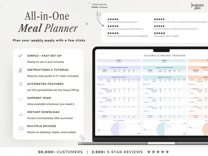 Puede incluir: Un planificador de comidas digital todo en uno en la pantalla de una computadora port&aacute;til, con un rastreador de calor&iacute;as y macros en columnas de tonos pastel. La interfaz incluye secciones para comidas diarias y gr&aacute;ficos de seguimiento.