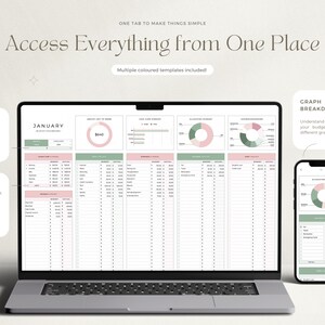 May include: A laptop and a smartphone display a budget spreadsheet with a January header and a pie chart showing a breakdown of income and expenses. The text "Access Everything from One Place" is displayed at the top of the image.
