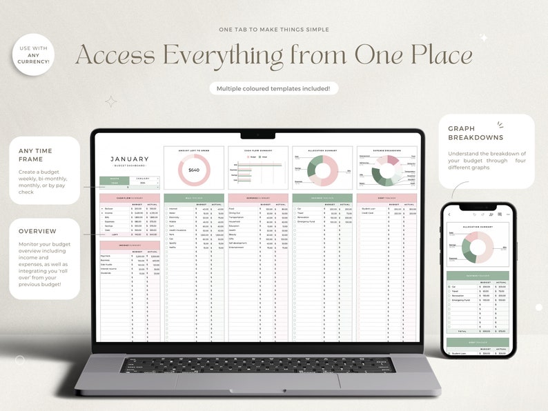 May include: A laptop and a smartphone display a budget spreadsheet with a January header and a pie chart showing a breakdown of income and expenses. The text "Access Everything from One Place" is displayed at the top of the image.