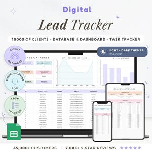May include: A digital lead tracker interface displayed on a laptop, tablet, and smartphone. The interface includes a client database, communication log, and task tracker. The text reads "Digital Lead Tracker" and "1000s of Clients - Database & Dashboard - Task Tracker."