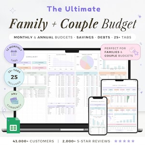 Foglio di calcolo per il budget annuale della famiglia, Google Sheets, Tracker del budget mensile e bisettimanale, Planner finanziario di coppia, Calendario delle bollette, Tracker del debito annuale