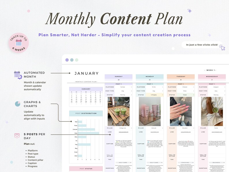 Op de afbeelding: Een digitale contentplan sjabloon met de tekst "Monthly Content Plan". De sjabloon bevat secties voor het plannen van berichten, het volgen van de voortgang en het weergeven van grafieken. Het ontwerp is in pastelkleuren met de tekst "Plan Smarter, Not Harder".