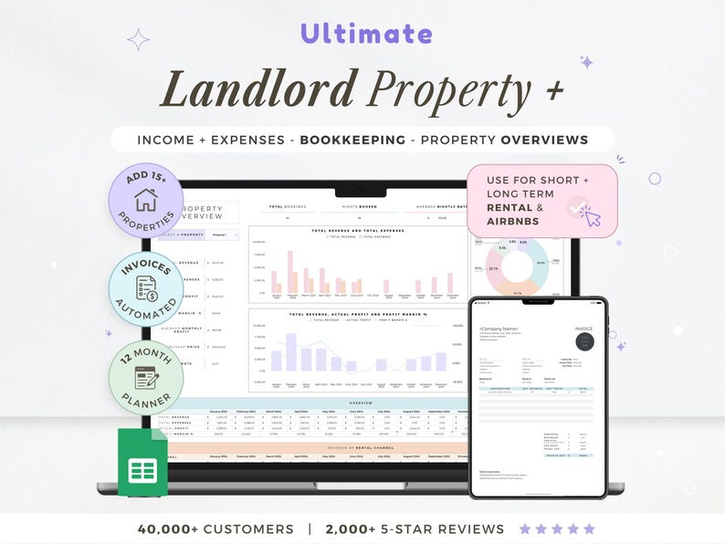 May include: A laptop and tablet displaying a property management dashboard. The screen shows charts and data related to income, expenses, and bookkeeping. Text includes "Ultimate Landlord Property +" and "Use for Short + Long Term Rental & Airbnbs."