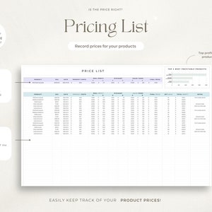 May include: A printable pricing list template with a light blue and purple color scheme. The template includes sections for tracking current product pricing, all pricing, and top profitable products. The template also includes a section for recording product prices, dates, discounts, sales tax, and quantity sold.