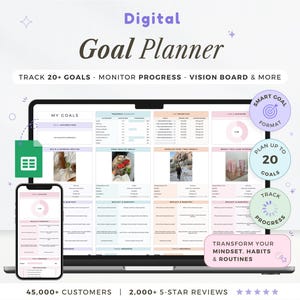 May include: A digital goal planner displayed on a laptop and smartphone. The planner includes sections for tracking goals, monitoring progress, and vision boards. The image also features the text "Track 20+ Goals" and "Transform Your Mindset, Habits & Routines."