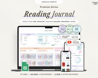 Tracciatore di libri digitali Fogli Google Diario di lettura Foglio di calcolo Pianificatore TBR Registro di lettura Recensione del libro Elenco di lettura Modello di raccolta di libri