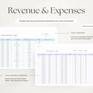 May include: Digital business expense and revenue tracking template. The image shows two spreadsheets labeled "Expenses Log" and "Revenue Log". Text includes "Revenue & Expenses", "Simply track all your business transactions at a click of a button!", and "Total Expenses".