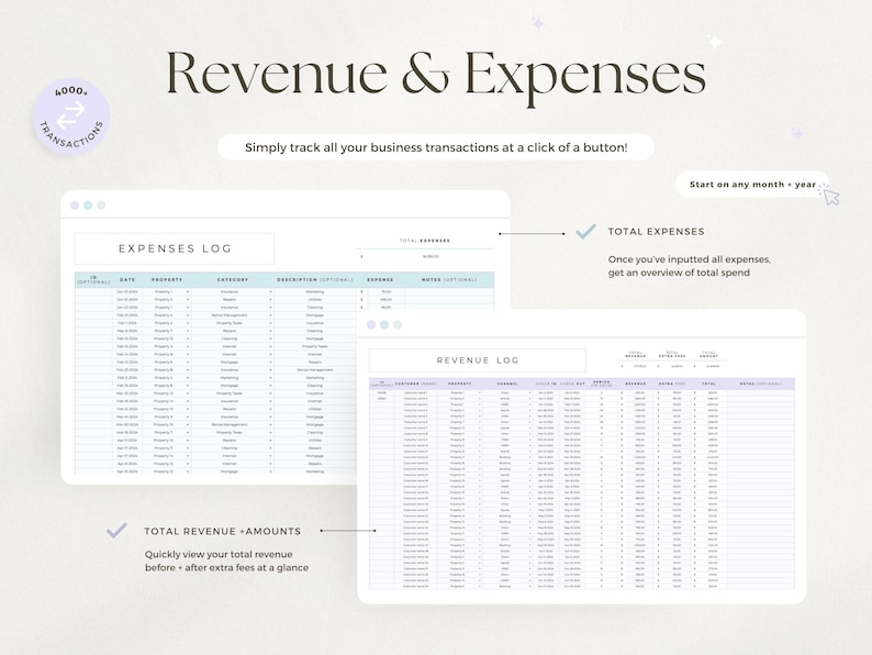 May include: Digital business expense and revenue tracking template. The image shows two spreadsheets labeled "Expenses Log" and "Revenue Log". Text includes "Revenue & Expenses", "Simply track all your business transactions at a click of a button!", and "Total Expenses".