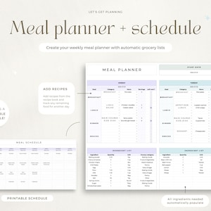 May include: A printable meal planner and schedule template with a light blue and purple color scheme. The template includes sections for adding recipes, creating a weekly meal plan, and generating a grocery list. The text "Create your weekly meal planner with automatic grocery lists" is at the top of the page.