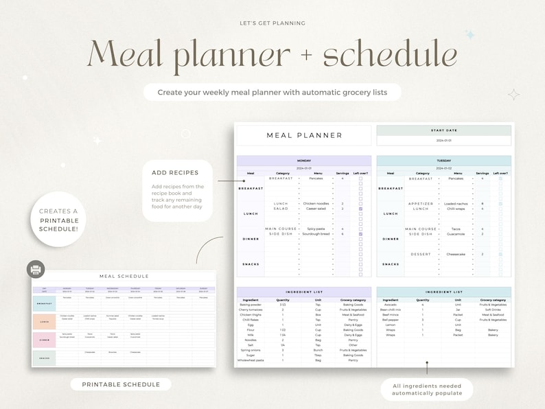 May include: A printable meal planner and schedule template with a light blue and purple color scheme. The template includes sections for adding recipes, creating a weekly meal plan, and generating a grocery list. The text "Create your weekly meal planner with automatic grocery lists" is at the top of the page.