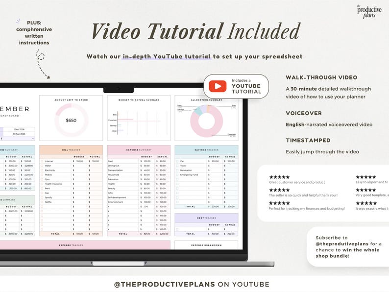 May include: A digital spreadsheet planner displayed on a laptop screen featuring budget, expense, and savings trackers with pastel-colored charts. The interface includes text indicating a 30-minute YouTube video tutorial, voiceover, and timestamps.