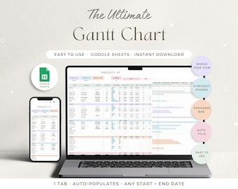May include: A laptop computer displaying a Google Sheets spreadsheet with a Gantt chart template. The template is titled "The Ultimate Gantt Chart" and includes features like "Whole Year View", "5 Project Phases", "Progress Bar", "Auto Fills", and "Easy to Use".