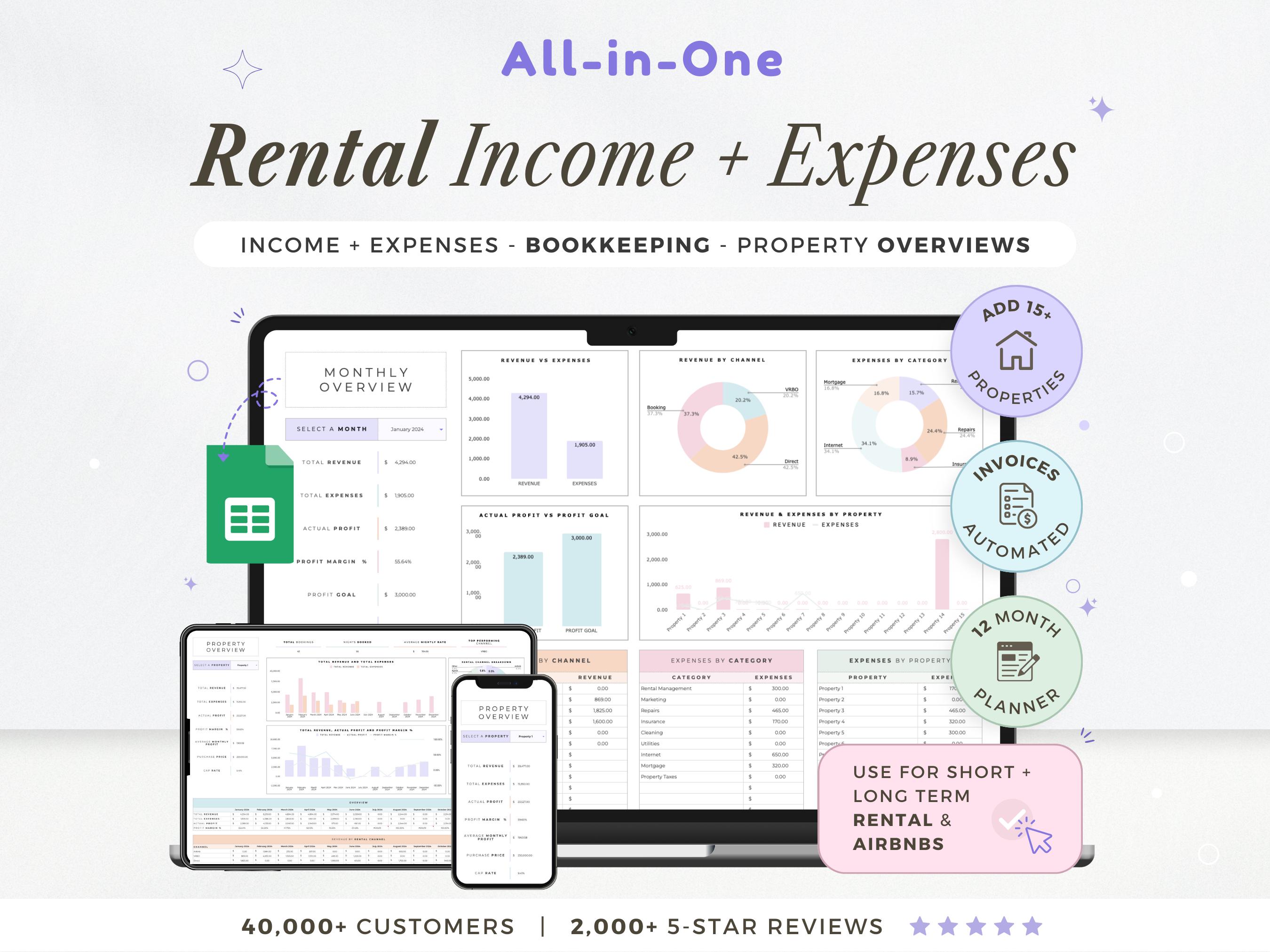 Printable Rental Bookkeeping Rental Property Template Landlord Spreadsheet Income and Expense ...