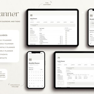 May include: A digital planner app mockup with a white background. The app includes daily, weekly, monthly, and yearly planners, birthdays, and contacts. The app is fully automated and synced with a master calendar.