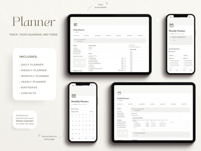 May include: A digital planner app mockup with a white background. The app includes daily, weekly, monthly, and yearly planners, birthdays, and contacts. The app is fully automated and synced with a master calendar.