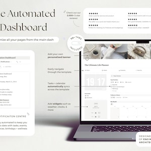 May include: A laptop displaying a digital dashboard titled "The Automated Dashboard." The screen shows a life planner interface with calendar, task, and notification features. Text highlights include "Organize all your pages from the main dash" and "70+ Tabs Included."