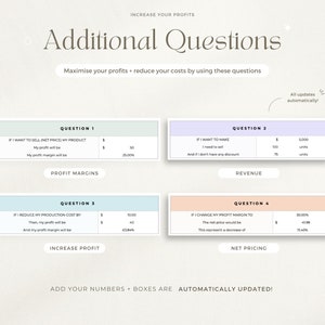 May include: A light blue and white infographic with the title "Additional Questions" and the text "Maximise your profits + reduce your costs by using these questions". The infographic is divided into four sections: "Profit Margins", "Revenue", "Increase Profit", and "Net Pricing". Each section has a question and a table with numbers and percentages.