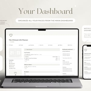 May include: A laptop computer screen displaying a digital planner with the title "The Ultimate Life Planner". The planner includes sections for essentials, today's tasks, and a calendar. A smartphone screen is visible in the lower right corner, also displaying a digital planner with the title "Notification Dashboard".