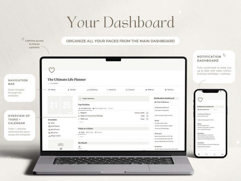 May include: A laptop computer screen displaying a digital planner with the title "The Ultimate Life Planner". The planner includes sections for essentials, today's tasks, and a calendar. A smartphone screen is visible in the lower right corner, also displaying a digital planner with the title "Notification Dashboard".