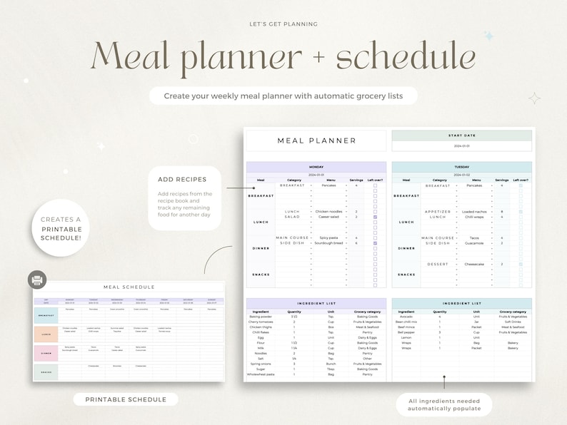 Puede incluir: Una plantilla de planificador de comidas y horario imprimible con un esquema de color azul claro y verde. La plantilla incluye secciones para agregar recetas, crear un plan de comidas semanal y generar listas de compras. El texto "LET'S GET PLANNING" y "Meal planner + schedule" est&aacute; en la parte superior de la p&aacute;gina. El texto "Create your weekly meal planner with automatic grocery lists" est&aacute; debajo del t&iacute;tulo. El texto "CREATES A PRINTABLE SCHEDULE!" est&aacute; en la esquina inferior izquierda de la p&aacute;gina. El texto "MEAL PLANNER" est&aacute; en la parte superior de la p&aacute;gina. El texto "MEAL SCHEDULE" est&aacute; en la esquina inferior izquierda de la p&aacute;gina. El texto "PRINTABLE SCHEDULE" est&aacute; en la esquina inferior izquierda de la p&aacute;gina. El texto "All ingredients needed automatically populate" est&aacute; en la esquina inferior derecha de la p&aacute;gina.