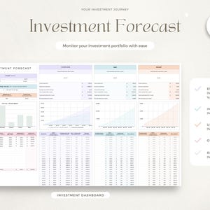 May include: A printable investment forecast template with a light blue, pink, and peach color scheme. The template includes sections for estimated investment value, initial investment, up to 15 investments, overviews, and return on investments. The text "Investment Forecast" is at the top of the page.