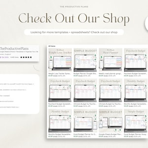 May include: A screenshot of an Etsy shop featuring digital printable templates for budgeting, meal planning, and weight loss tracking. The shop is called "The Productive Plans" and offers a 50% discount when you buy two or more items.