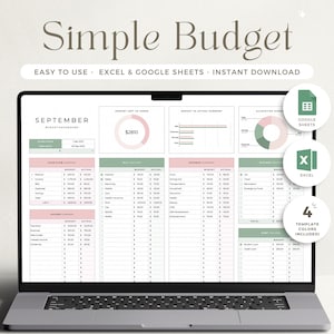 Könnte beinhalten: Ein Laptop-Bildschirm zeigt eine Budget-Tabellenvorlage für September. Die Vorlage ist für die Verwendung mit Excel und Google Sheets konzipiert. Die Tabelle enthält Abschnitte für Einnahmen, Ausgaben und ein Budget-Dashboard. Die Vorlage ist in vier verschiedenen Farben verfügbar.