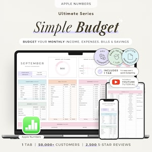 Pode incluir: Um planejador de orçamento digital para Apple Numbers intitulado Simple Budget, exibido na tela de um laptop, tablet e smartphone. A interface apresenta tabelas para receitas mensais, despesas, contas e economias em tons pastéis.