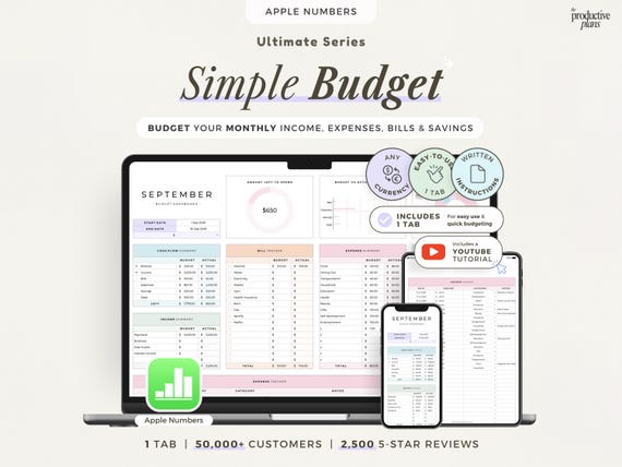 Budget Spreadsheet Apple Numbers Template for Mac iPad iPhone Simple Monthly Budget Planner Income Expense Tracker Bill Paycheck Finance