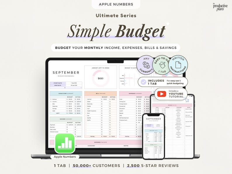 May include: A digital budget planner for Apple Numbers titled Simple Budget, displayed on a laptop, tablet, and smartphone screen. The interface features tables for monthly income, expenses, bills, and savings with pastel color-coded sections.