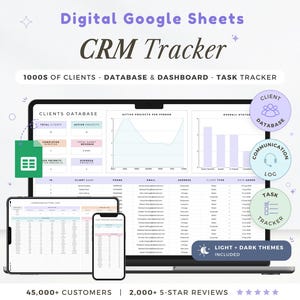 Puede incluir: Un rastreador CRM digital que se muestra en una computadora portátil, tableta y teléfono inteligente. La pantalla muestra visualizaciones de datos e información del cliente. El texto incluye "Digital Google Sheets CRM Tracker" y "1000s of Clients - Database & Dashboard - Task Tracker."