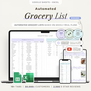 Grocery List Spreadsheet Google Sheets Excel Automated Shopping List Printable Weekly Grocery Planner Meal Planner Food Inventory Template
