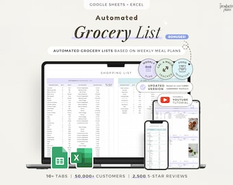 Grocery List Spreadsheet Google Sheets Excel Automated Shopping List Printable Weekly Grocery Planner Meal Planner Food Inventory Template