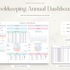 May include: A printable bookkeeping dashboard template for tracking business performance over the year. The dashboard includes charts, graphs, and tables for tracking income, expenses, and profit. The template is designed for use with any currency and is easy to use. The dashboard also includes a transaction tracker for recording individual transactions.